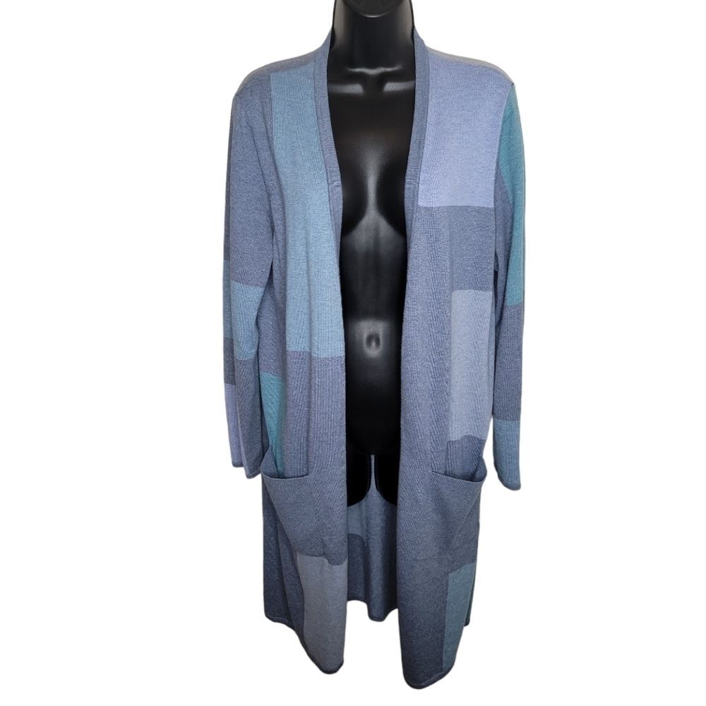 J. Jill colorblock patchwork long line open front cardigan sweater Medium